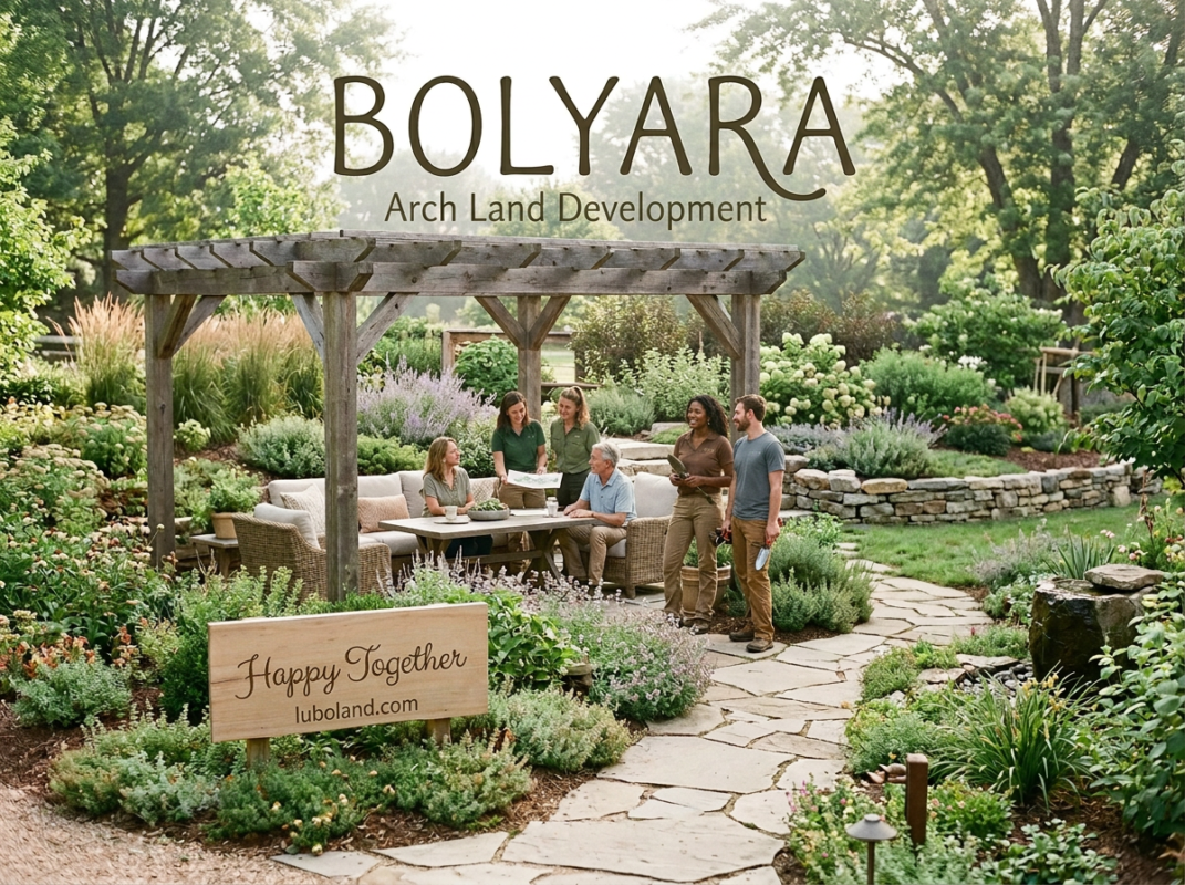 Six people gathered beneath a pergola in a landscaped garden labeled Bolyara